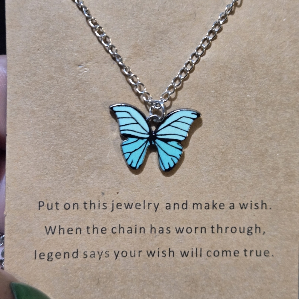 Butterfly Pendant Necklace - Blue/Teal